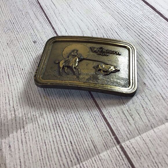 Vintage Brass Western Style Belt Buckle Cowboy on horse roping calf cow Rodeo - Picture 8 of 9